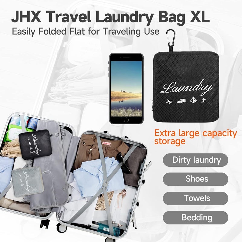 JHX Travel Laundry Bag XL, Extra large Dirty Clothes Organizer【Upgraded】with Handles and Aluminum Carabiner for Travel, Camp, Fitness, and Students (Thickened - Black) 32"H x 23"W - Image 3